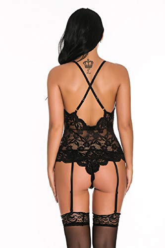 UMIPUBO Conjunto de lencería de Mujer Babydoll de Malla de Encaje con Tanga Ligas y Ligas Ropa Interior de tentación Conjunto de lencería de Pijama Transparente Camisón de Encaje en V Profundo