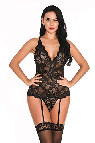UMIPUBO Conjunto de lencería de Mujer Babydoll de Malla de Encaje con Tanga Ligas y Ligas Ropa Interior de tentación Conjunto de lencería de Pijama Transparente Camisón de Encaje en V Profundo