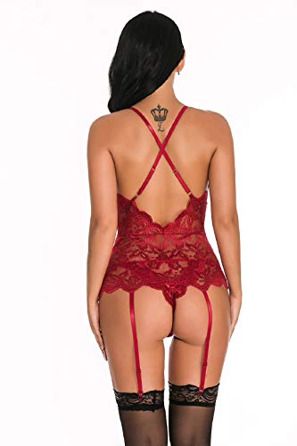 UMIPUBO Conjunto de lencería de Mujer Babydoll de Malla de Encaje con Tanga Ligas y Ligas Ropa Interior de tentación Conjunto de lencería de Pijama Transparente Camisón de Encaje en V Profundo