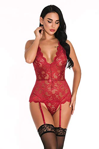 UMIPUBO Conjunto de lencería de Mujer Babydoll de Malla de Encaje con Tanga Ligas y Ligas Ropa Interior de tentación Conjunto de lencería de Pijama Transparente Camisón de Encaje en V Profundo