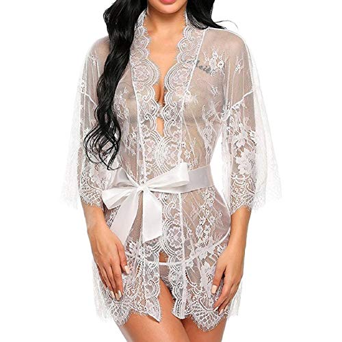 UMIPUBO Conjunto de lencería para Mujer Bata de Encaje Babydoll Kimono Ropa de Dormir Frente Abierto Floral Cuello en V Profundo Camisón Malla Transparente Pijama de Media Manga con Tanga