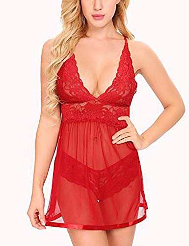 UMIPUBO Conjunto de Ropa de Dormir para Mujer, Frente Abierto, Encaje Floral, tentación, lencería de Encaje en V Profundo, camisón, Vestido sin Mangas, Babydoll, Ropa Interior Suave Babydoll