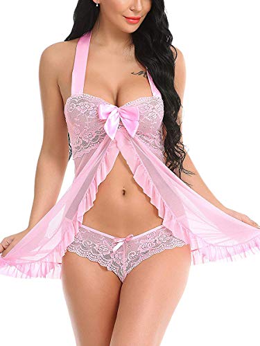 UMIPUBO Conjunto de Ropa de Dormir para Mujer Lencería de Encaje Transparente Camisón de Encaje Floral con Frente Abierto Vestido sin Mangas Babydoll sin Mangas Ropa de Dormir Suave para Mujer
