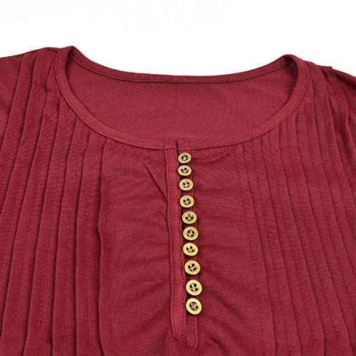 UMIPUBO Mujer Blusa 3/4 Manga Camisas Elegante Camisetas Primavera Verano Cuello en V Tops (L, Vino Rojo)