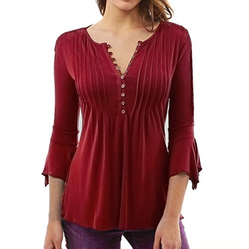 UMIPUBO Mujer Blusa 3/4 Manga Camisas Elegante Camisetas Primavera Verano Cuello en V Tops (L, Vino Rojo)