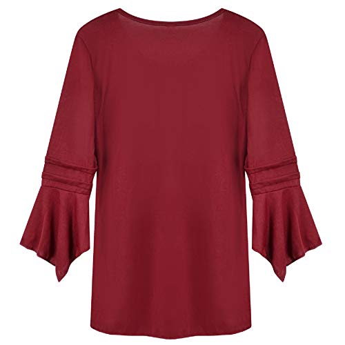 UMIPUBO Mujer Blusa 3/4 Manga Camisas Elegante Camisetas Primavera Verano Cuello en V Tops (L, Vino Rojo)