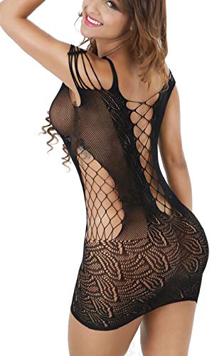 UMIPUBO Ropa Interior Mujer Ropa de Dormir Encaje Atractivo Malla de la Mujer Lencería Hueca Rejilla Babydoll Talla única Ropa de Dormir (Negro)