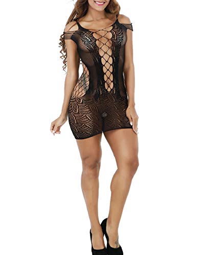 UMIPUBO Ropa Interior Mujer Ropa de Dormir Encaje Atractivo Malla de la Mujer Lencería Hueca Rejilla Babydoll Talla única Ropa de Dormir (Negro)