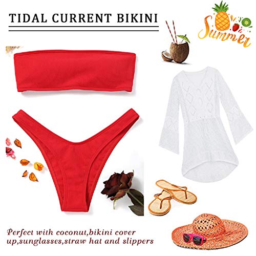 UMIPUBO Traje de Baño Mujer Bikini Bandeau Bañadores con Relleno Lazada en la Espalda Color Liso Talle Alto Conjunto de Color Sólido Ropa de Baño