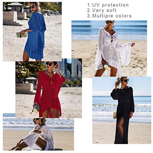 UMIPUBO Vestido de Playa Mujer Suelto Pareos Playa V-Cuello Camisolas y Pareos Ganchillo Vendaje Bikini Traje de Baño Cover up Tunica Talla Grande