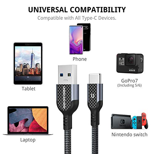 UNBREAKcable Cable USB Tipo C 1M - Cable USB C a USB A 3.0 Nylón Cargador Rápido Compatible con Samsung Galaxy S10 S10e S9 S8 Note 9 Note 8, Huawei P30 P20 P10,Google Pixel, Sony Xperia XZ-Negro Gris