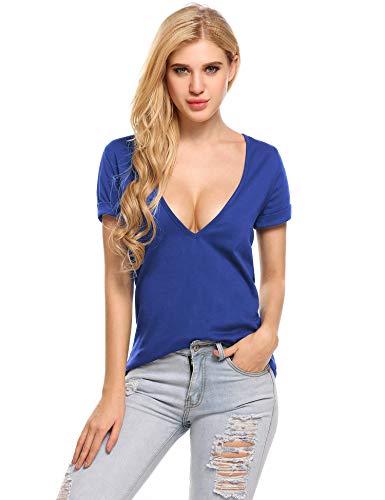 UNibelle - Camiseta de manga corta para mujer con escote en V, de algodón, color liso, estilo informal, S-XXL azul zafiro L