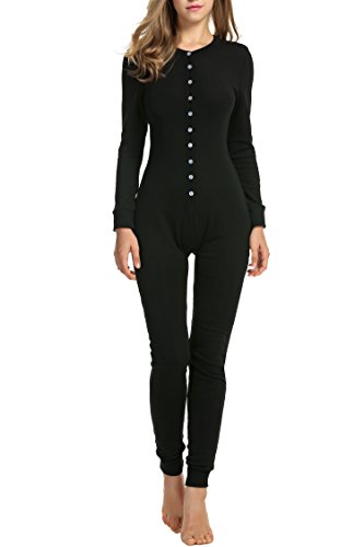 Unibelle Mono de dormir para mujer Onesie térmico, ropa interior elástica, ropa de dormir térmica, mono con camiseta de manga larga Negro XL