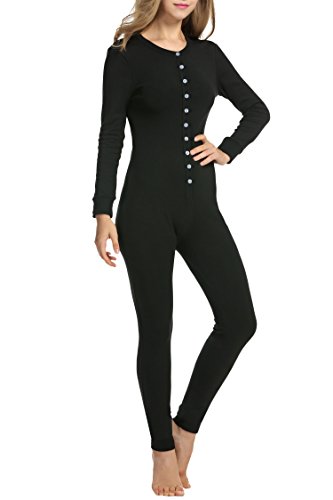 Unibelle Mono de dormir para mujer Onesie térmico, ropa interior elástica, ropa de dormir térmica, mono con camiseta de manga larga Negro XL