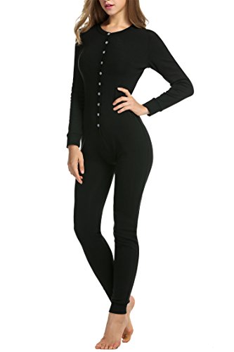 Unibelle Mono de dormir para mujer Onesie térmico, ropa interior elástica, ropa de dormir térmica, mono con camiseta de manga larga Negro XL