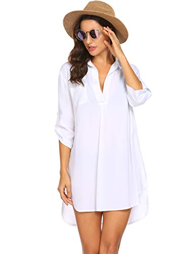 UNibelle Vestido de playa para mujer, para cubrir el bikini, poncho de playa, traje de baño de verano A_blanco. XL