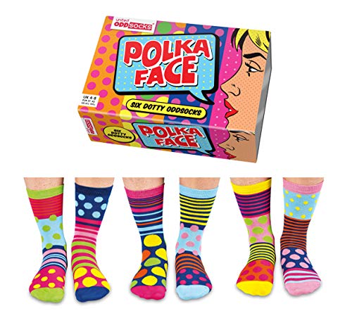 United Oddsocks - Caja De Regalo 6 x Calcetínes Coloridos (Polka Face) Para Mujeres EU 37-42