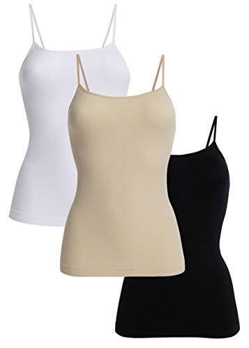 UnsichtBra Camisetas Mujer | Camisetas Tirantes Mujer | Pack de 3 Tops (Nero, Blanco, Beige, S-M)
