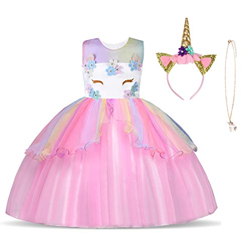 URAQT Disfraz de Unicornio, Vestido de Princesa Unicornio para Niñas, Vestido Elegante con Collar/Diadema para Cumpleaños/Cosplay/Boda, Edad 2-10 Años (Rosado, 5-6 años)