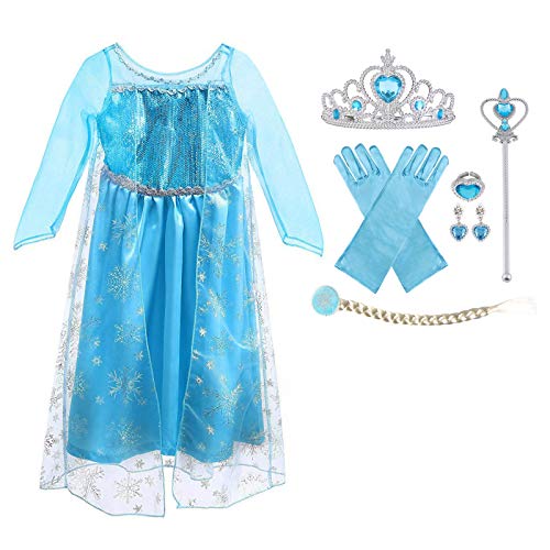 URAQT Vestido de Elsa, Disfraz de Elsa con Accesorios de Cosplay, Vestido de Princesa para Niñas con Capa de Copos de Nieve Brillantes