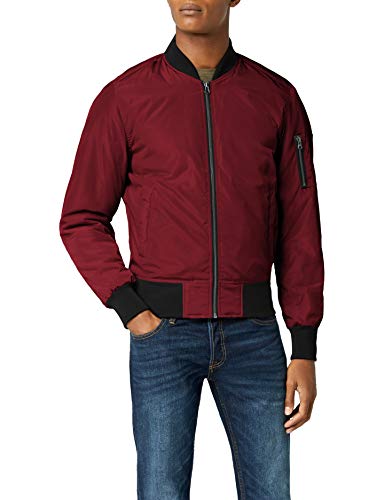 Urban Classics Cazadora de Hombre Chaqueta Bomber de Estilo Urbano, en Burdeos con Cuello, Cintura y Puños Negros a Contraste, Cierre con Cremallera, burgundy/black, L