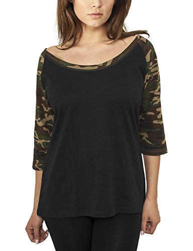 Urban Classics Ladies 3/4 Contrast Raglan tee Camiseta de Manga Larga, Blk/Woodcamo, S para Mujer