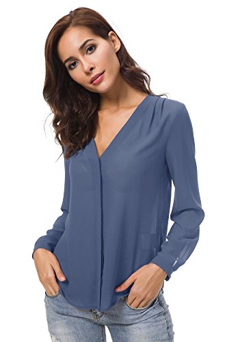 Urban GoCo Blusa de Gasa con Escote en V Mangas Largas y el Dobladillo en el Hombro para Mujeres (M, Azul grisáceo)