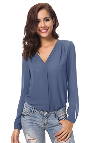 Urban GoCo Blusa de Gasa con Escote en V Mangas Largas y el Dobladillo en el Hombro para Mujeres (M, Azul grisáceo)