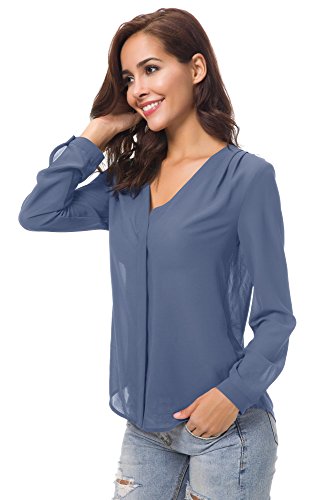 Urban GoCo Blusa de Gasa con Escote en V Mangas Largas y el Dobladillo en el Hombro para Mujeres (M, Azul grisáceo)