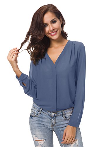 Urban GoCo Blusa de Gasa con Escote en V Mangas Largas y el Dobladillo en el Hombro para Mujeres (M, Azul grisáceo)