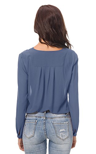Urban GoCo Blusa de Gasa con Escote en V Mangas Largas y el Dobladillo en el Hombro para Mujeres (M, Azul grisáceo)