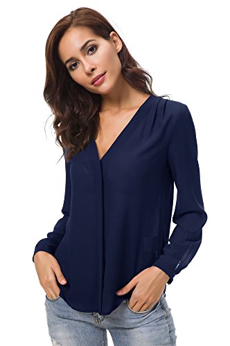 Urban GoCo Blusa de Gasa con Escote en V Mangas Largas y el Dobladillo en el Hombro para Mujeres (M, Azul Marino)