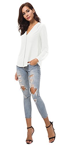 Urban GoCo Blusa de Gasa con Escote en V Mangas Largas y el Dobladillo en el Hombro para Mujeres (M, Blanco)