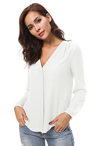 Urban GoCo Blusa de Gasa con Escote en V Mangas Largas y el Dobladillo en el Hombro para Mujeres (M, Blanco)