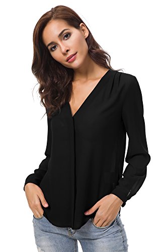 Urban GoCo Blusa de Gasa con Escote en V Mangas Largas y el Dobladillo en el Hombro para Mujeres (S, Negro)