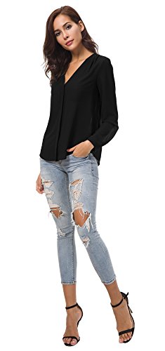 Urban GoCo Blusa de Gasa con Escote en V Mangas Largas y el Dobladillo en el Hombro para Mujeres (XL, Negro)