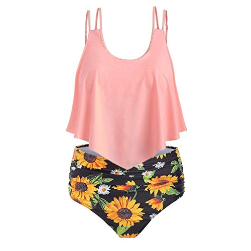 URIBAKY Conjunto Bikini Mujer Busto Bajo Color SóLido Top Plisado Y Ropa Interior Impresa Traje De BañO De Cintura Alta Dos Piezas Correas De Espagueti Traje De BañO Ropa De Playa