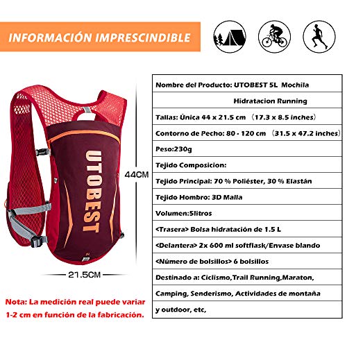 UTOBEST Mochila Hidratacion Trail Running 5L Ligera Chaleco Hidratacion Running Hombre Mujer para Correr Ciclismo