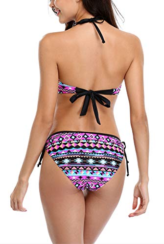V FOR CITY Bikini para mujer, con aros push-up, tribal, dos piezas morado L
