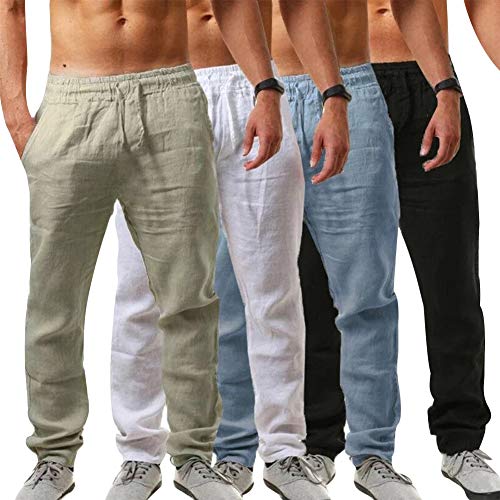 VANVENE Pantalones de lino para hombre, ajuste holgado, casual, ligero, cintura elástica, con cordón, para yoga, playa