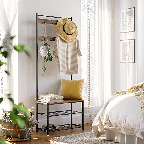 VASAGLE Perchero con Zapatero, Perchero con Banco para Pasillo, Perchero de Estilo Industrial, con Ganchos, Marco de Metal Mate, 175 cm de Altura, Marrón Rústico y Negro HSR41BX