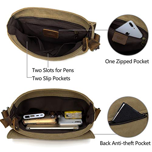 VASCHY Bolsos Hombre Bandolera, Bolso Bandolera Pequeño Bolsa Mensajero Vintage Bolsos Hombre Piel Lona Bolsos Messenger para Escuela Trabajo Viajes Caqui