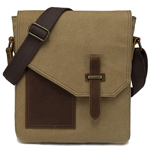 VASCHY Bolsos Hombre Bandolera, Bolso Bandolera Pequeño Bolsa Mensajero Vintage Bolsos Hombre Piel Lona Bolsos Messenger para Escuela Trabajo Viajes Caqui