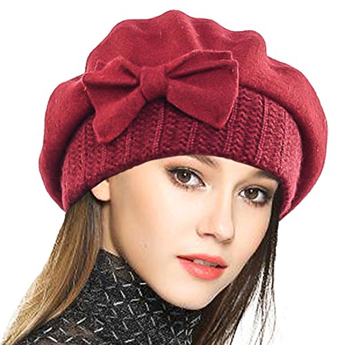 VECRY Mujer Boina 100% Lana Vestido Beanie Invierno Sombrero (Burdeos)
