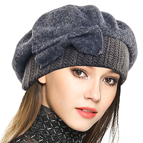 VECRY Mujer Boina 100% Lana Vestido Beanie Invierno Sombrero (Gris)