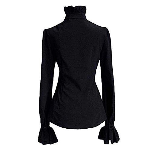 Vectry Blusa para Mujer，De Color Sólido，con Manga Larga，Blusa De Color Liso，con Botones，con Cuello De Pie， Blusa con Volante（Negro，S）