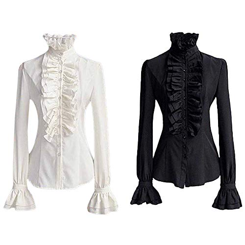 Vectry Blusa para Mujer，De Color Sólido，con Manga Larga，Blusa De Color Liso，con Botones，con Cuello De Pie， Blusa con Volante（Negro，S）