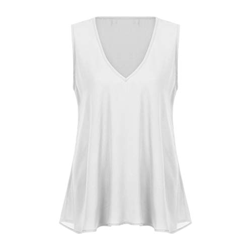 VEMOW Cami Tops Camiseta con Cuello en V para Mujer Camiseta sin Mangas Chaleco de Verano Blusa Talla Grande(Blanco,L)