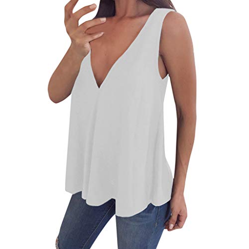VEMOW Cami Tops Camiseta con Cuello en V para Mujer Camiseta sin Mangas Chaleco de Verano Blusa Talla Grande(Blanco,L)