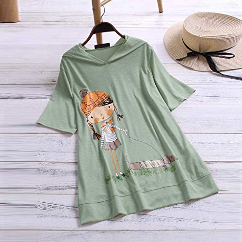 VEMOW Camiseta de Manga Corta con Capucha y Estampado de Dibujos Animados Casual para Mujer tamaño Extra Top Blusa(Menta Verde,3XL)